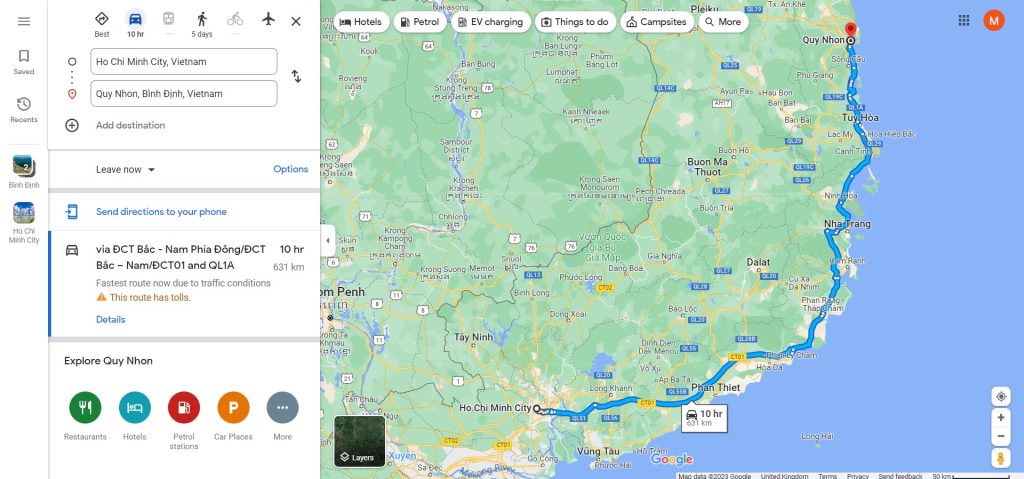 Bản đồ du lịch từ Tp. Hồ Chí Minh đến Quy Nhơn