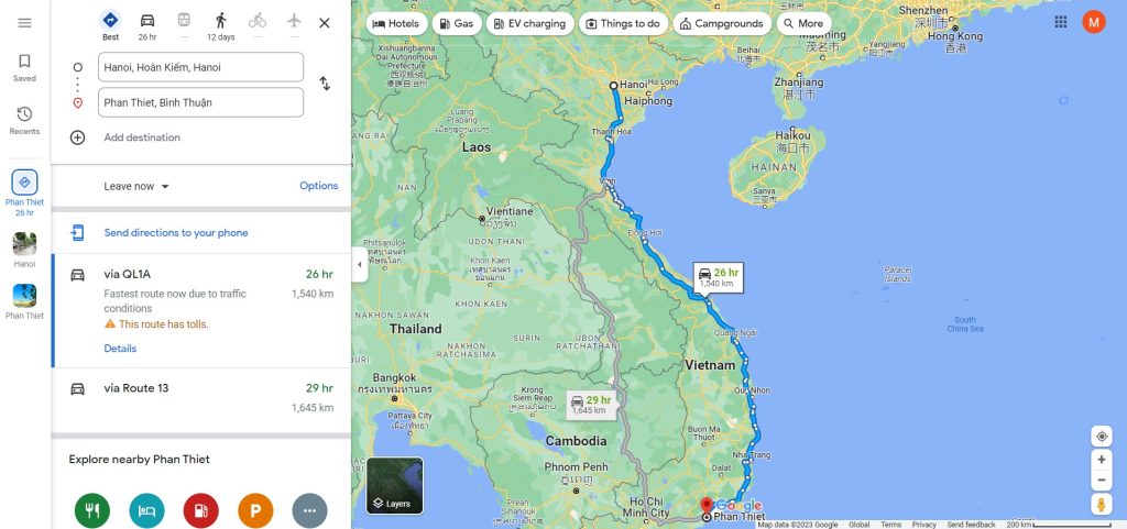 Bản đồ du lịch từ Hà Nội đến Phan Thiết