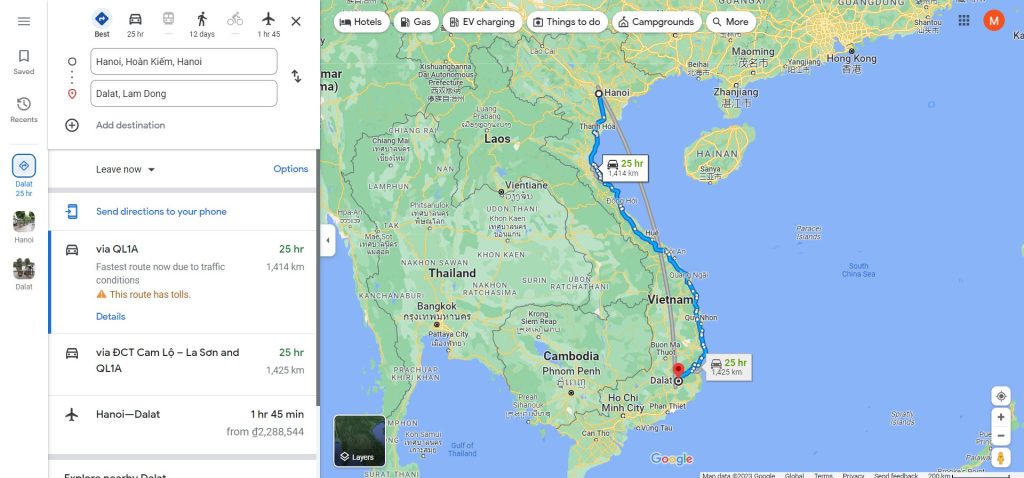 Bản đồ du Lịch từ Hà Nội đến Đà Lạt