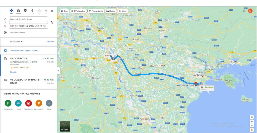 Bản đồ du lịch từ Hà Nội đến Hải Phòng